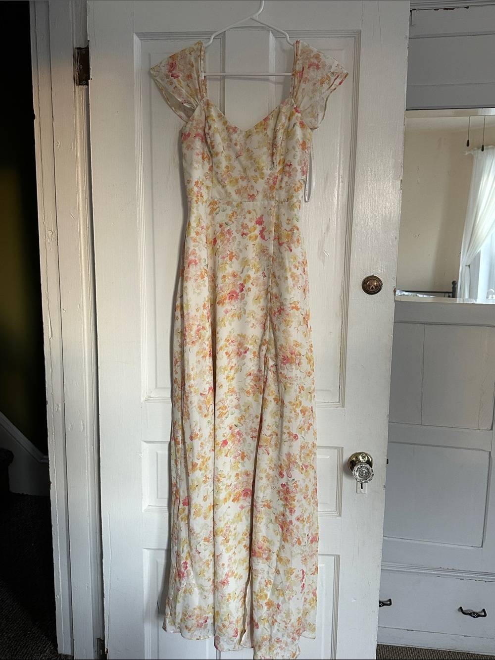 Birdy Grey Devin Chiffon Dress with Slit - Pink, Yellow & Cream Pressed Floral